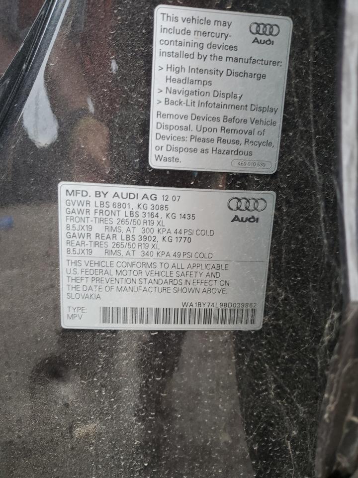 2008 Audi Q7 3.6 Quattro Premium VIN: WA1BY74L98D039862 Lot: 83946825