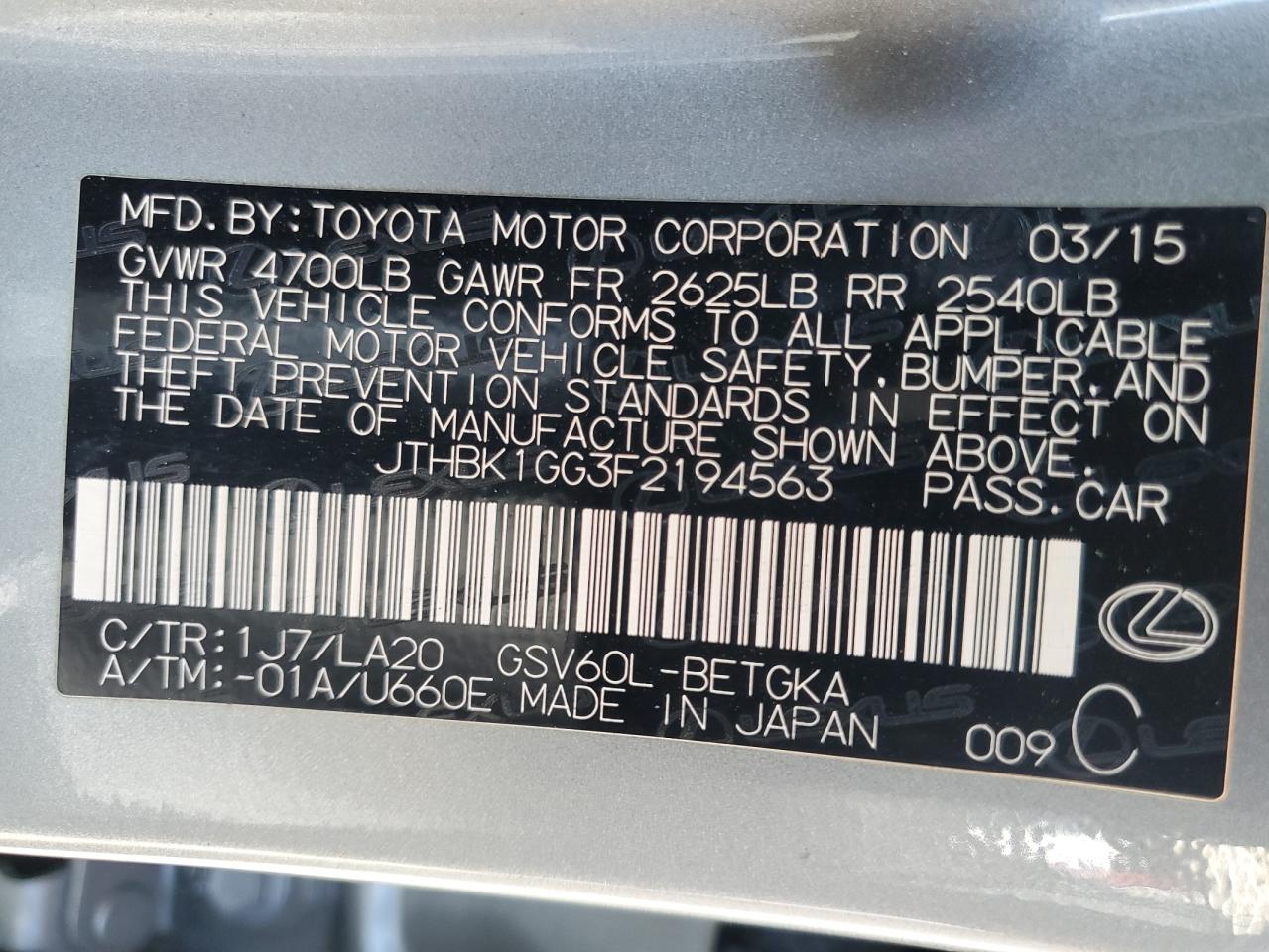 2015 Lexus Es 350 VIN: JTHBK1GG3F2194563 Lot: 70986755