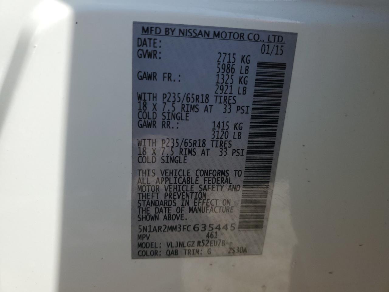 2015 Nissan Pathfinder S VIN: 5N1AR2MM3FC635445 Lot: 80817975