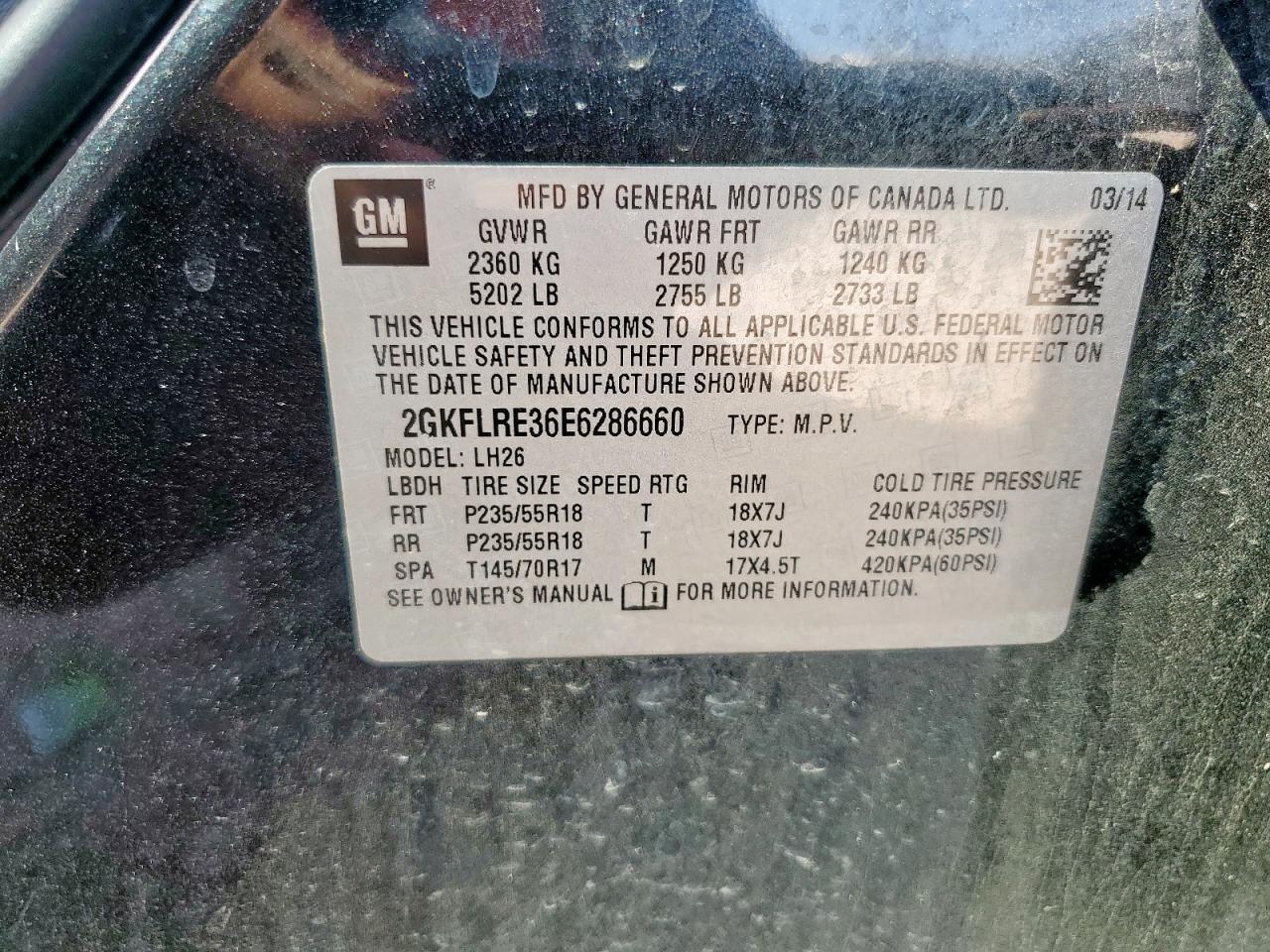 2014 GMC Terrain Sle VIN: 2GKFLRE36E6286660 Lot: 72040485