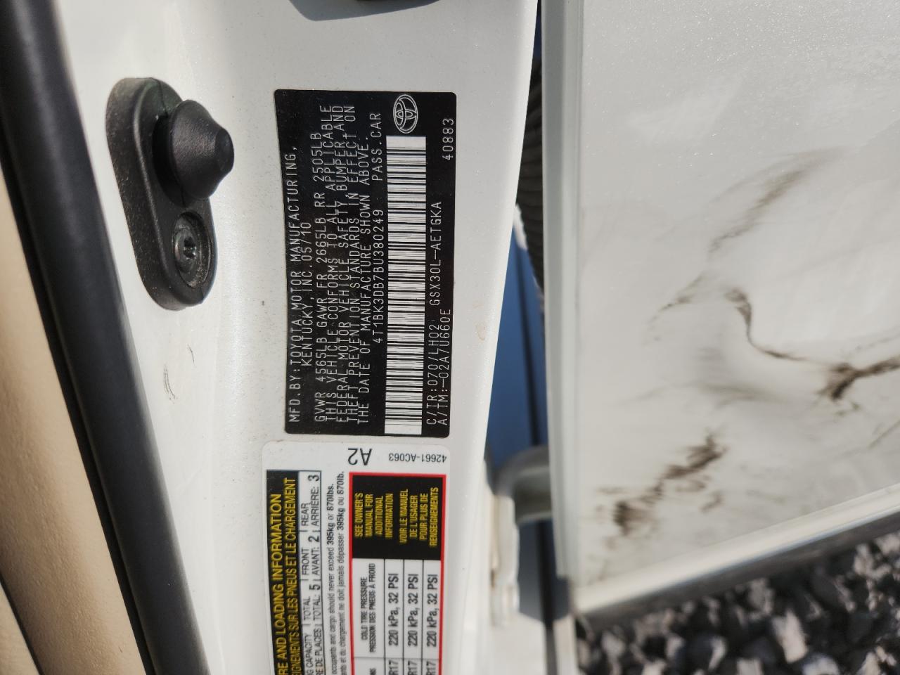 2011 Toyota Avalon Base VIN: 4T1BK3DB7BU380249 Lot: 80494045