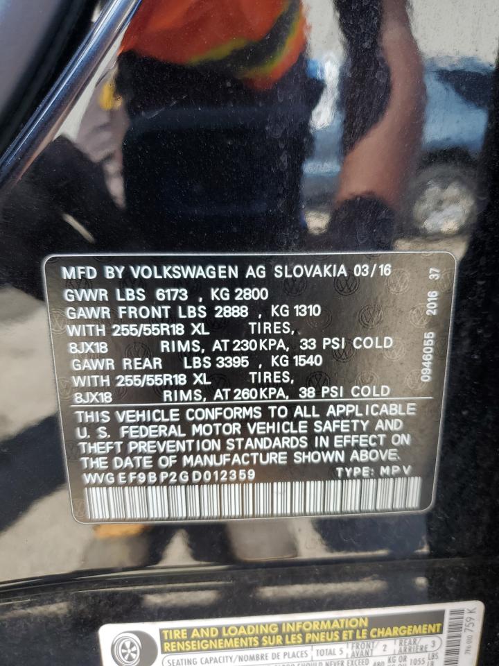 2016 Volkswagen Touareg Sport VIN: WVGEF9BP2GD012359 Lot: 80117145