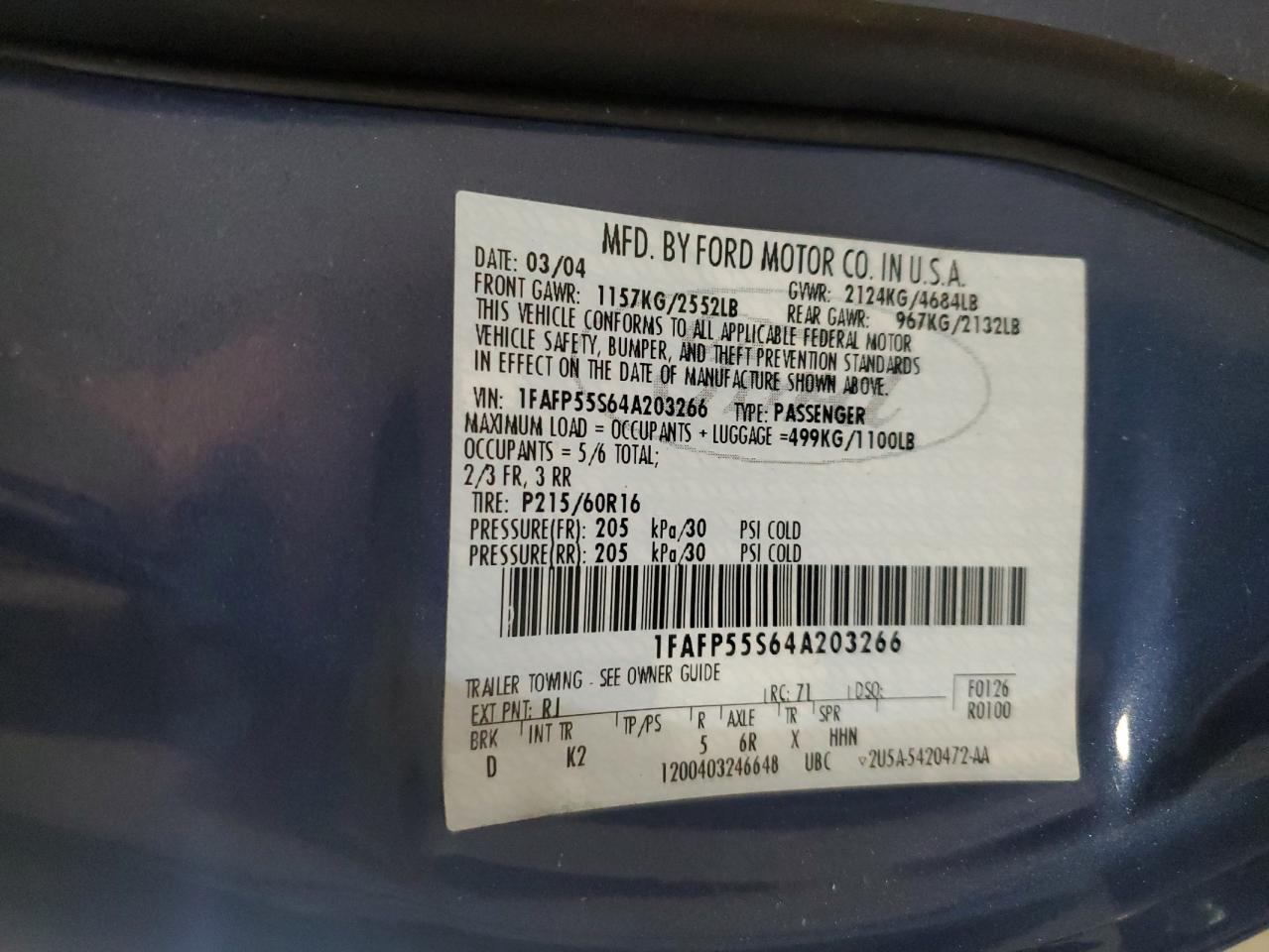 2004 Ford Taurus Ses VIN: 1FAFP55S64A203266 Lot: 71306515
