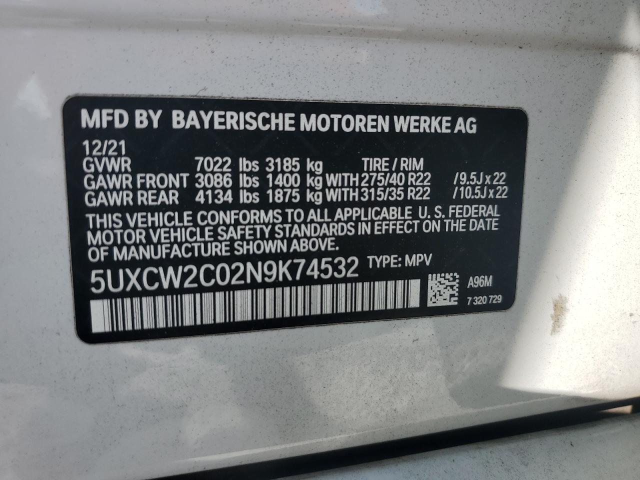 2022 BMW X7 xDrive40I VIN: 5UXCW2C02N9K74532 Lot: 81872635
