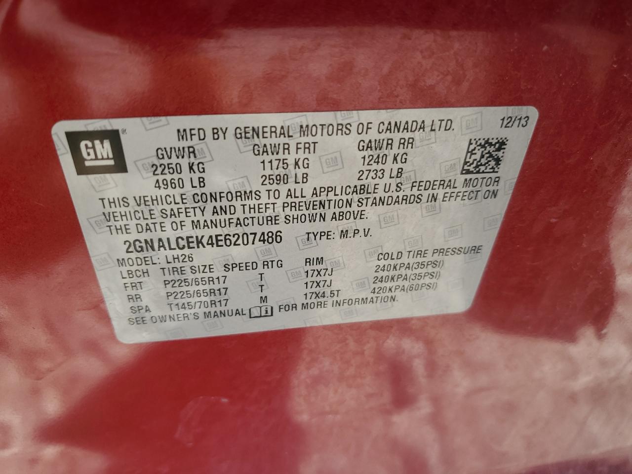 2014 Chevrolet Equinox Lt VIN: 2GNALCEK4E6207486 Lot: 84293965