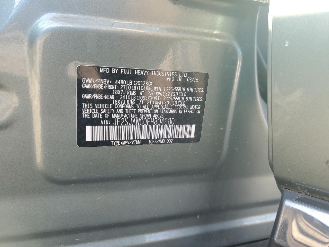 2015 Subaru Forester 2.5I Touring VIN: JF2SJAWC0FH804680 Lot: 71870995