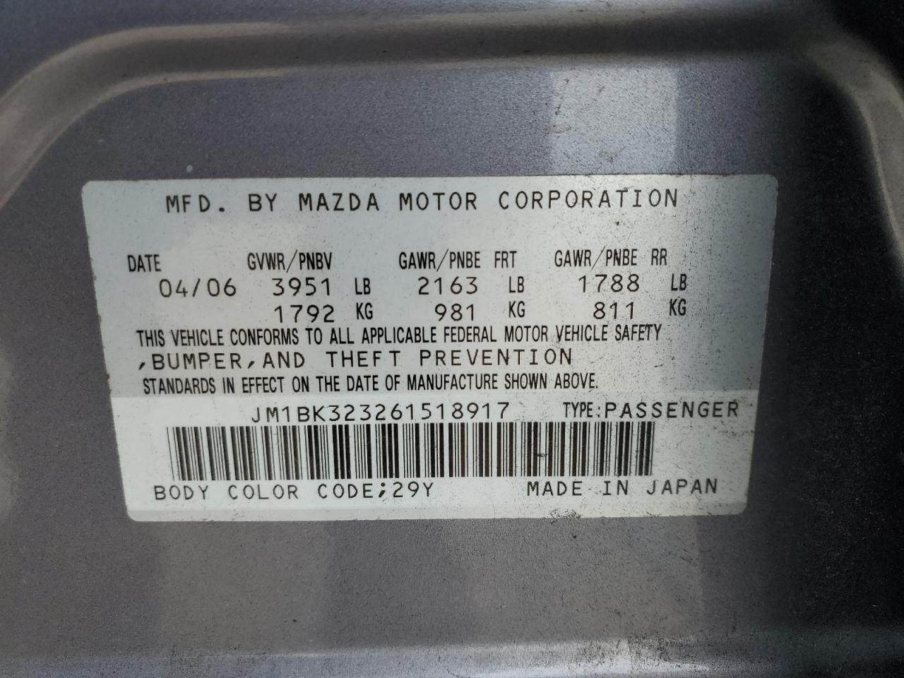 2006 Mazda 3 S VIN: JM1BK323261518917 Lot: 71739215