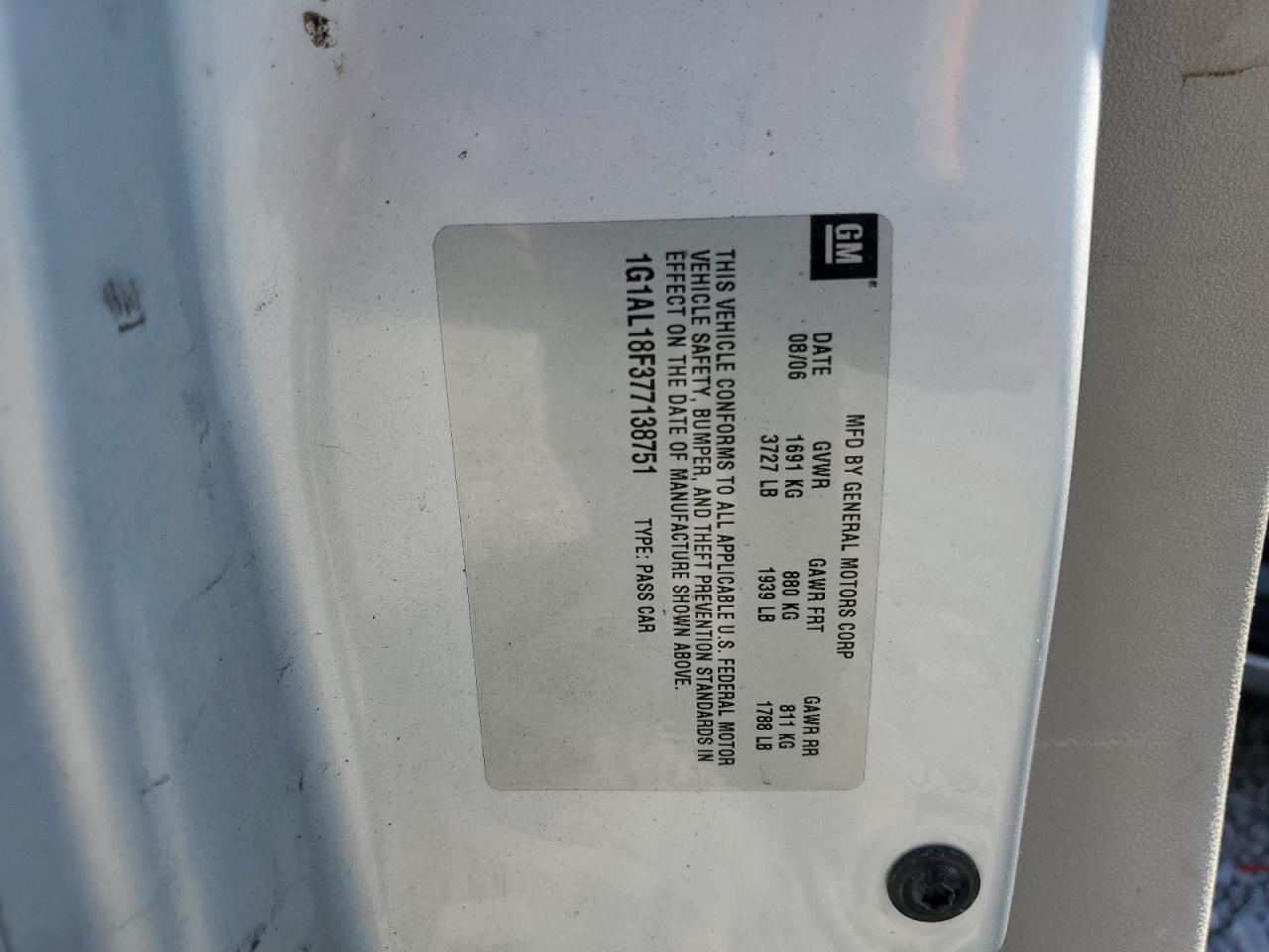 2007 Chevrolet Cobalt Lt VIN: 1G1AL18F377138751 Lot: 70766635