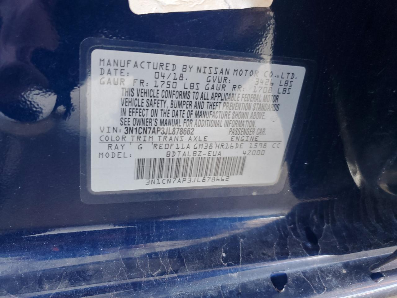 2018 Nissan Versa S VIN: 3N1CN7AP3JL878662 Lot: 81464205