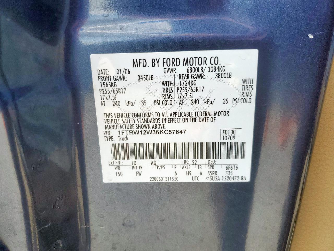 2006 Ford F150 Supercrew VIN: 1FTRW12W36KC57647 Lot: 81788735