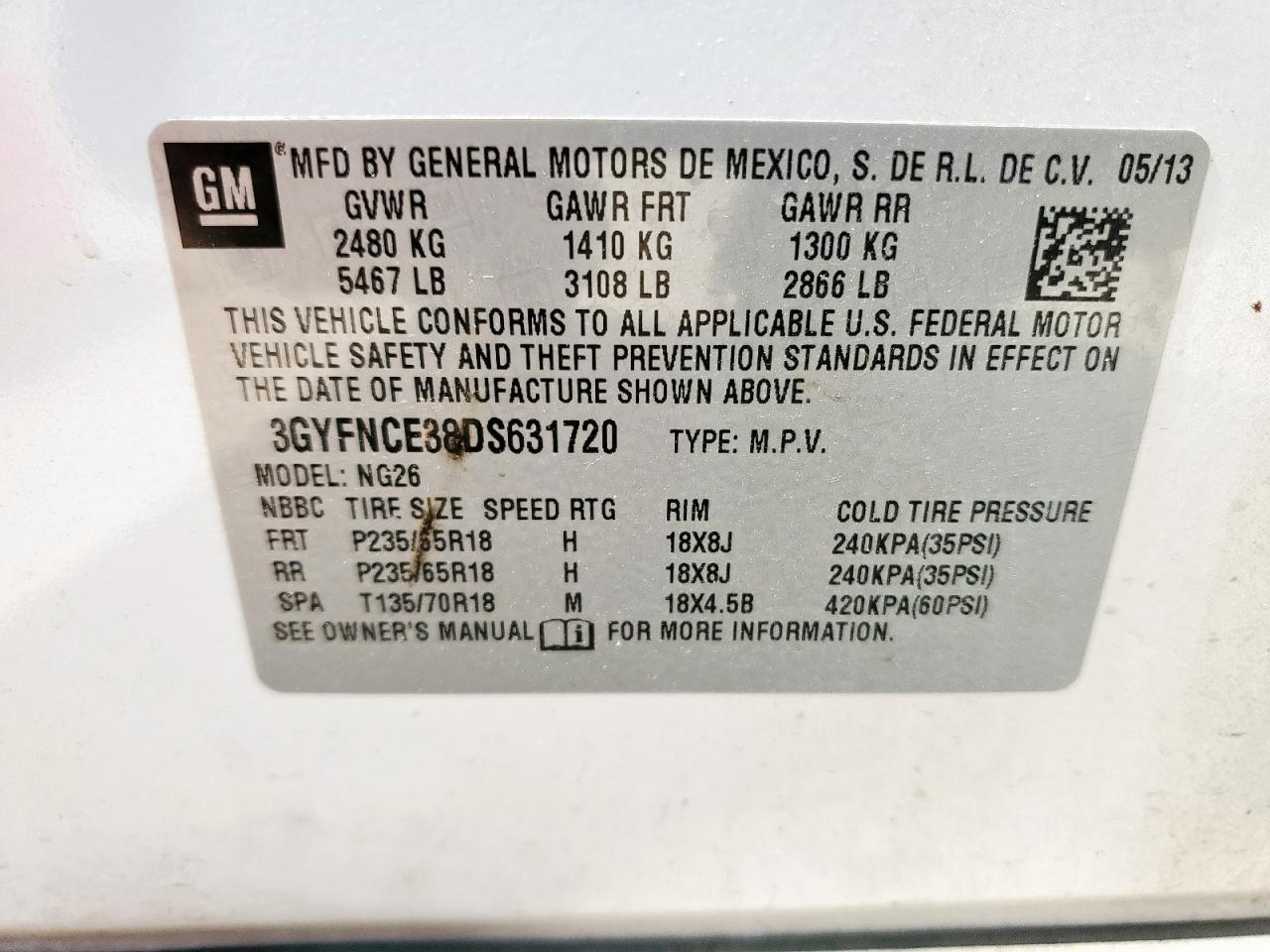 2013 Cadillac Srx Luxury Collection VIN: 3GYFNCE38DS631720 Lot: 71488155