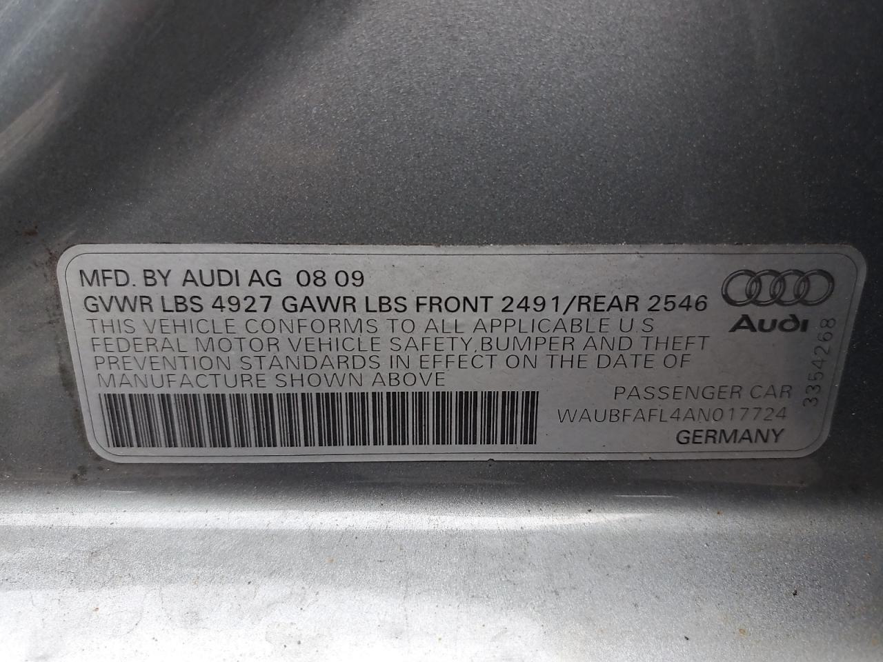 2010 Audi A4 Premium VIN: WAUBFAFL4AN017724 Lot: 83964835