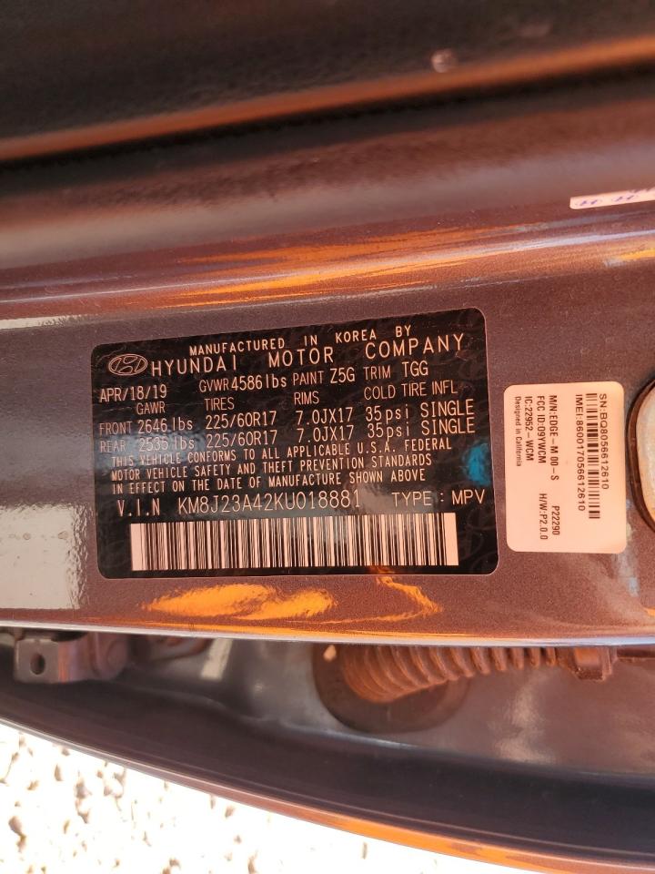 2019 Hyundai Tucson Se VIN: KM8J23A42KU018881 Lot: 72028255