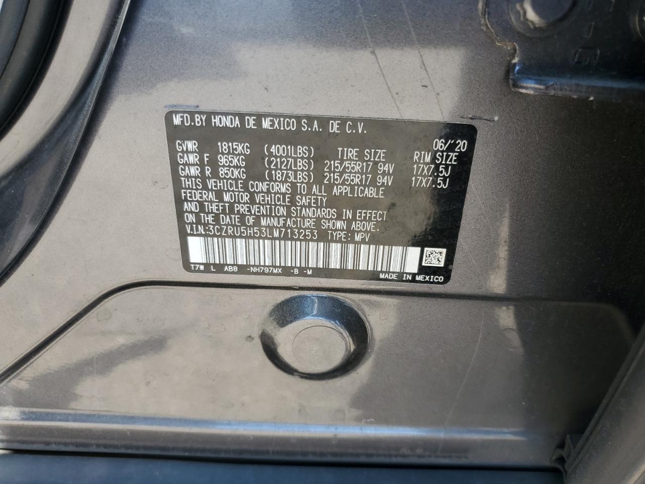 2020 Honda Hr-V Ex VIN: 3CZRU5H53LM713253 Lot: 84251675