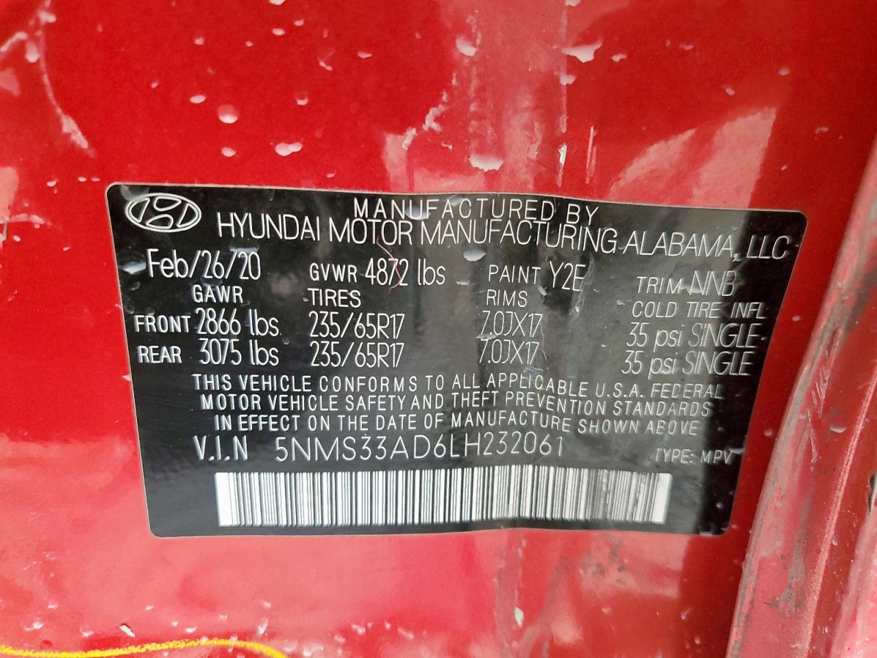 2020 Hyundai Santa Fe Sel VIN: 5NMS33AD6LH232061 Lot: 81722595