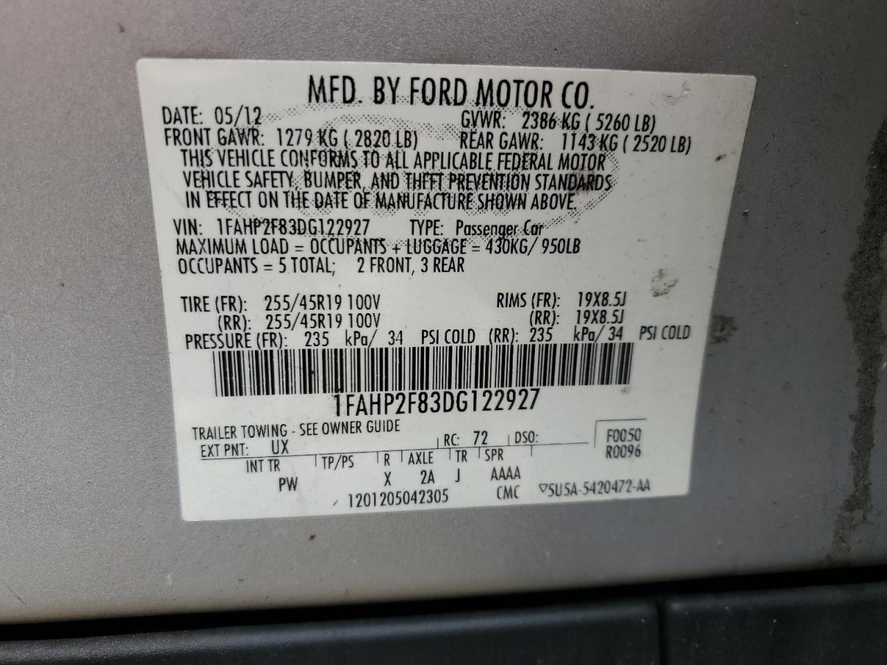 2013 Ford Taurus Limited VIN: 1FAHP2F83DG122927 Lot: 71584605