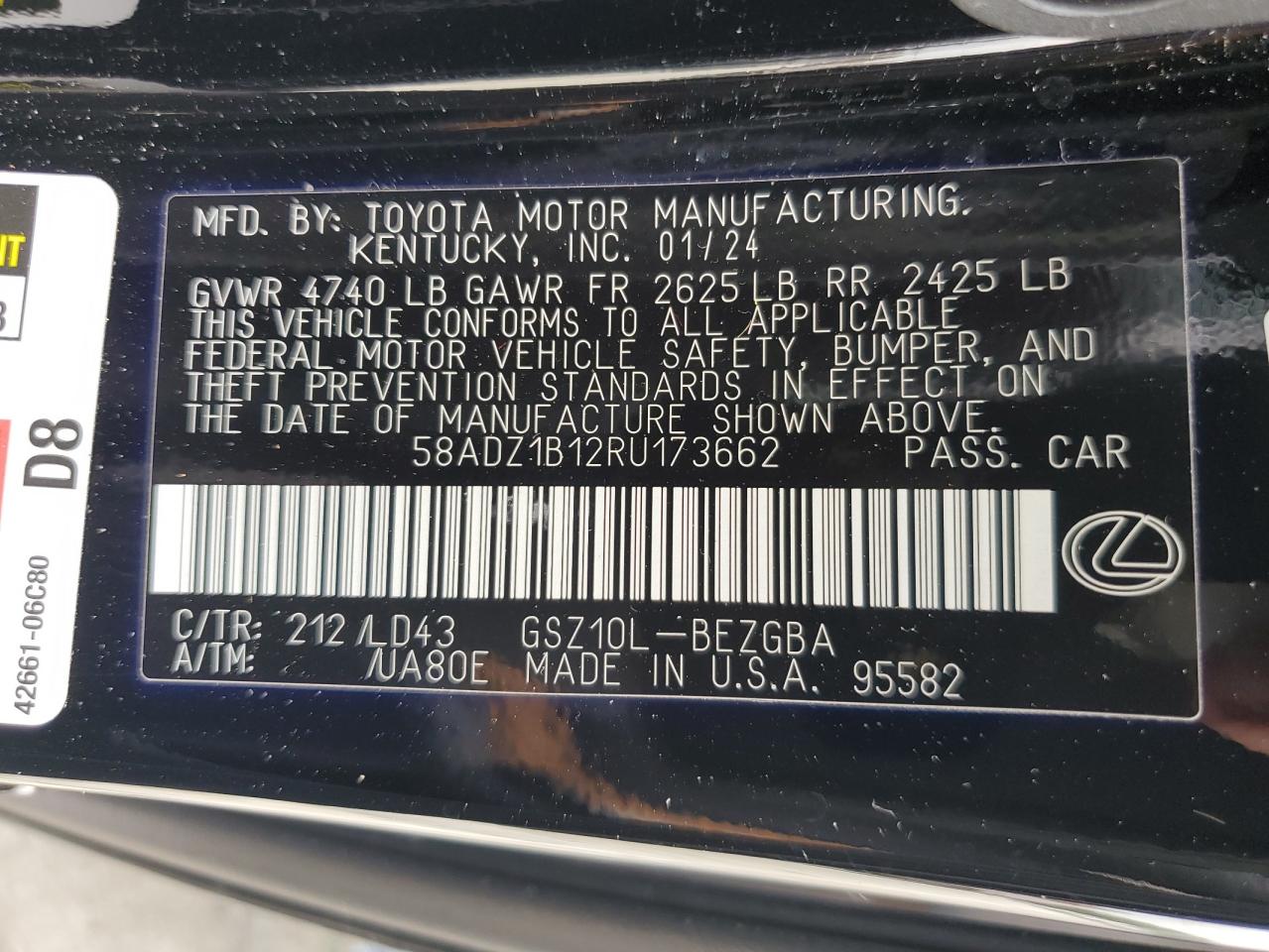 2024 Lexus Es 350 Base VIN: 58ADZ1B12RU173662 Lot: 84013835