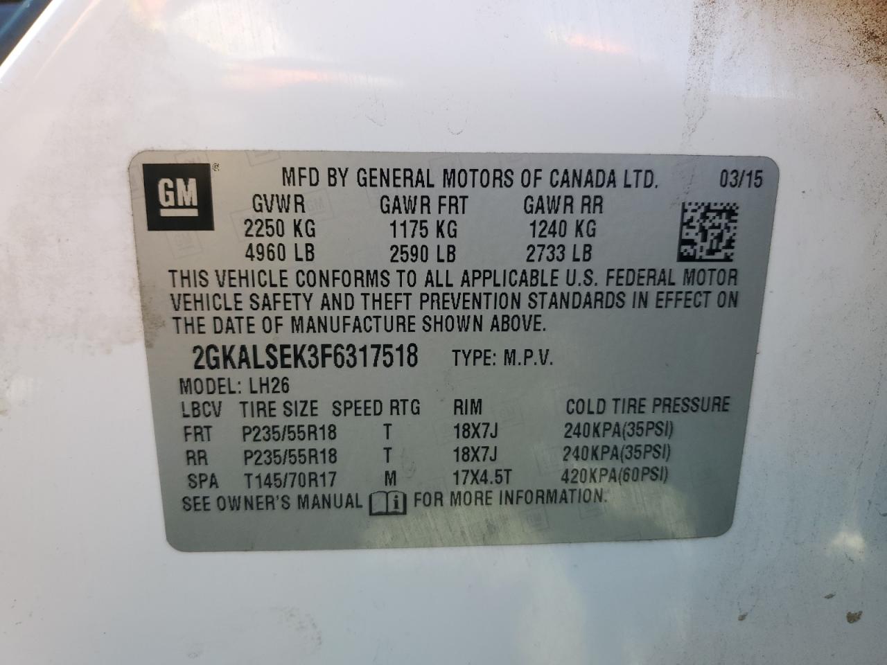 2015 GMC Terrain Slt VIN: 2GKALSEK3F6317518 Lot: 84003905