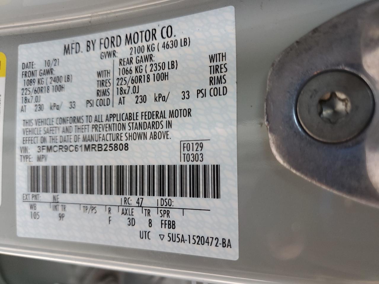 2021 Ford Bronco Sport Outer Banks VIN: 3FMCR9C61MRB25808 Lot: 72083965