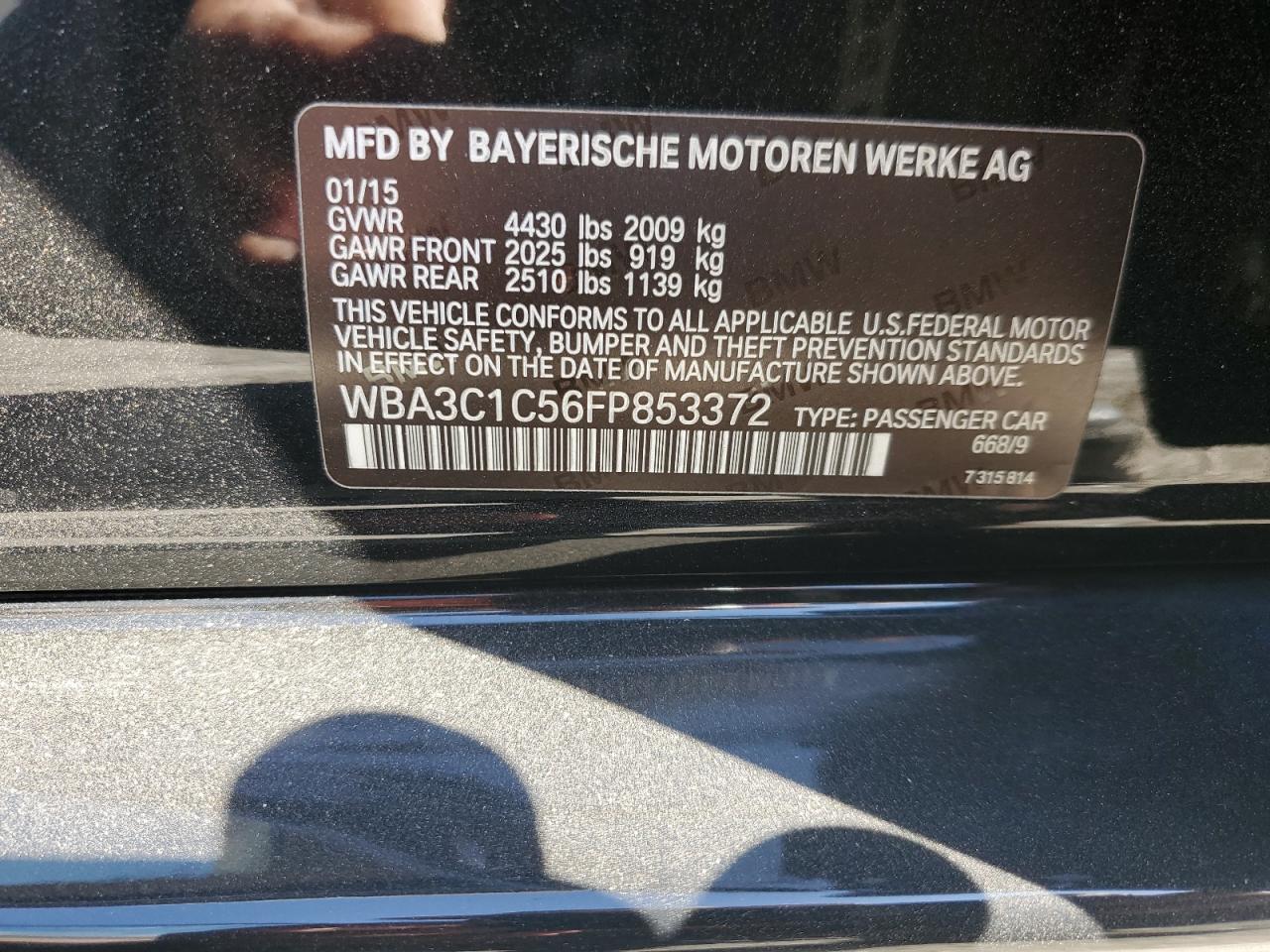 2015 BMW 3-Series Sedan VIN: WBA3C1C56FP853372 Lot: 71031195