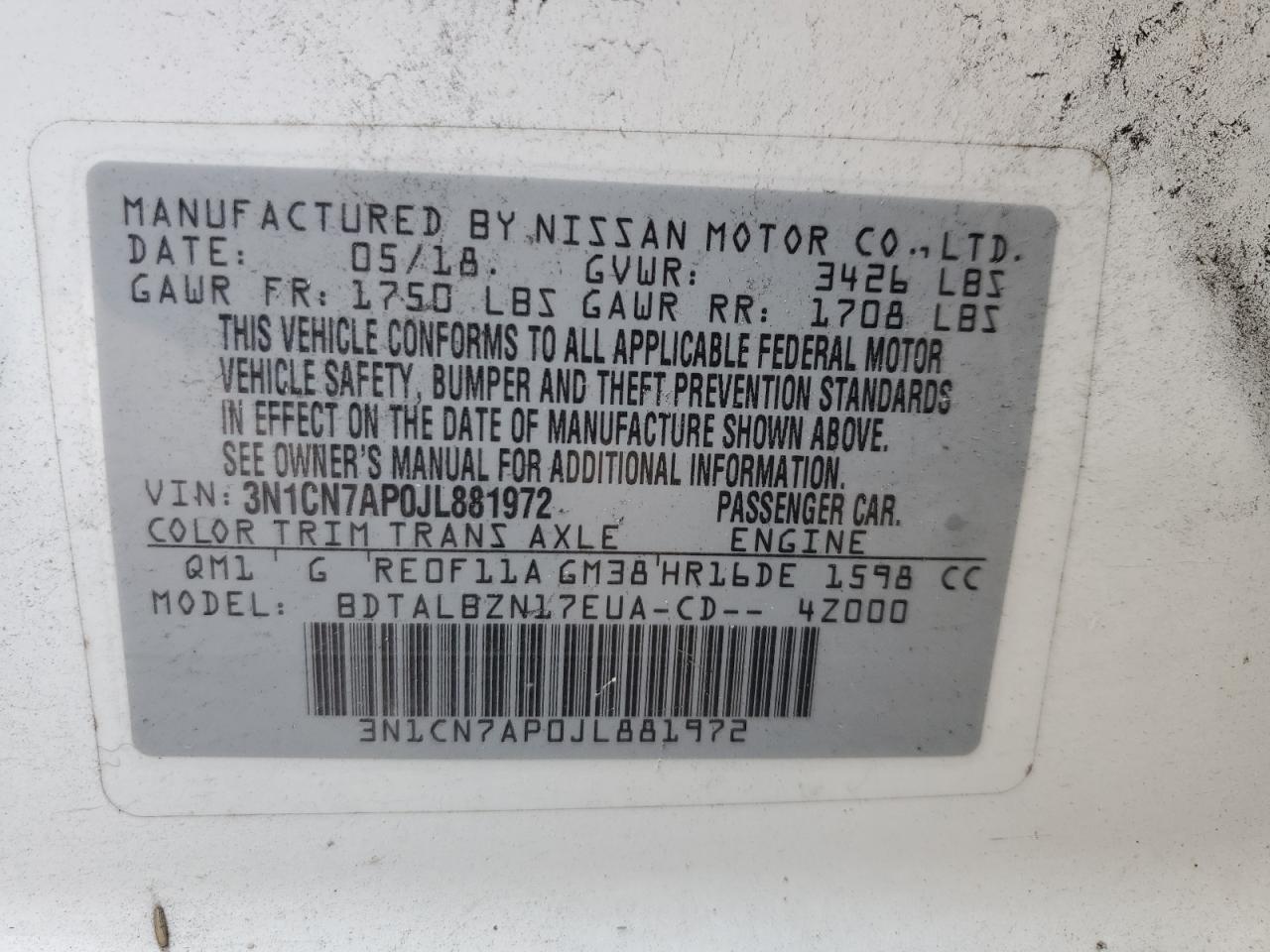 2018 Nissan Versa S VIN: 3N1CN7AP0JL881972 Lot: 83817265