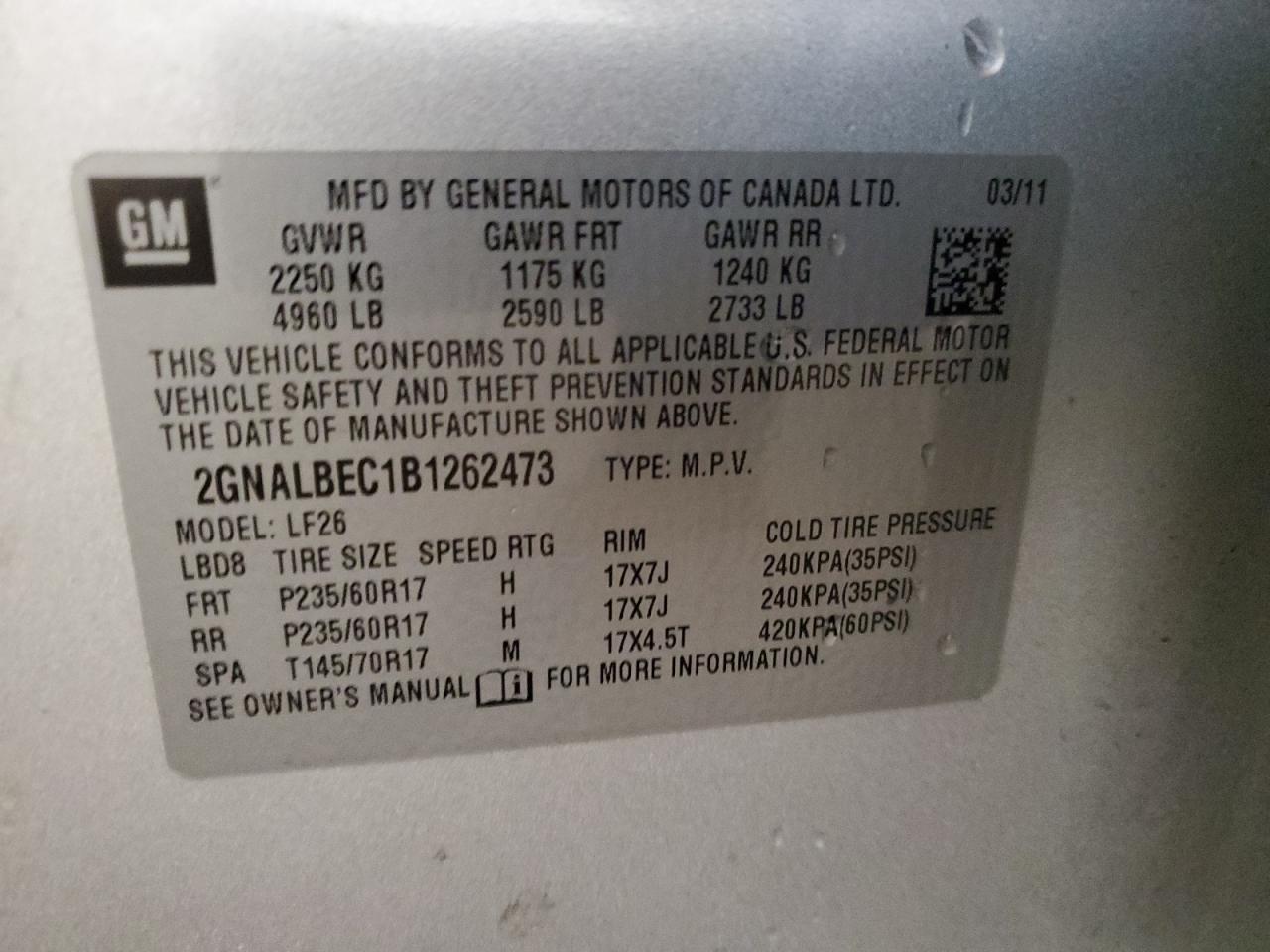 2011 Chevrolet Equinox Ls VIN: 2GNALBEC1B1262473 Lot: 84179715