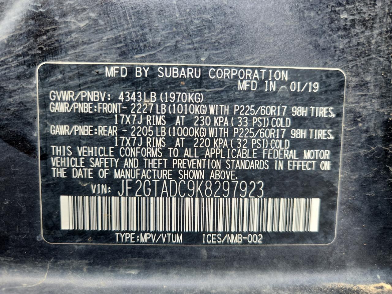 2019 Subaru Crosstrek Premium VIN: JF2GTADC9K8297923 Lot: 71473875