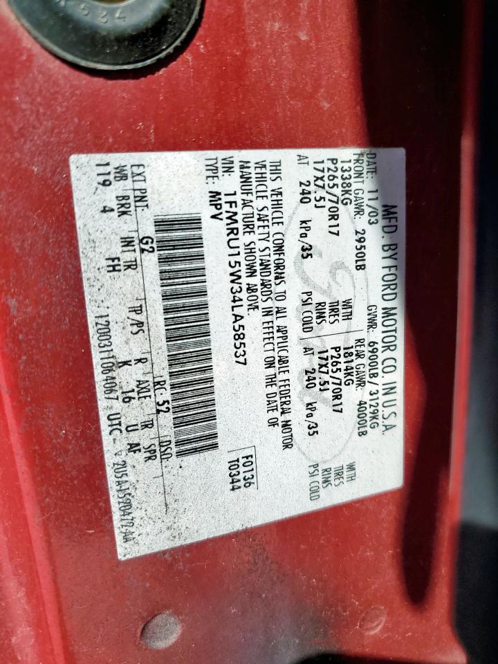 2004 Ford Expedition Xlt VIN: 1FMRU15W34LA58537 Lot: 80290855