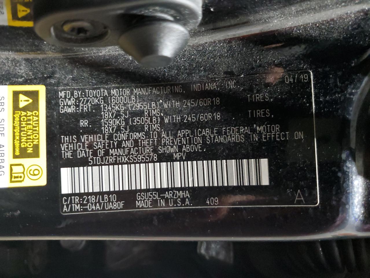 2019 Toyota Highlander Se VIN: 5TDJZRFHXKS595578 Lot: 82035835