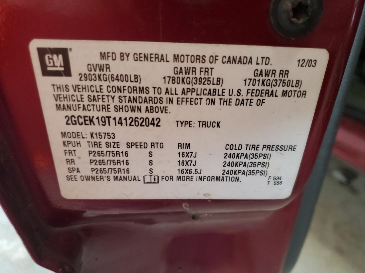 2004 Chevrolet Silverado K1500 VIN: 2GCEK19T141262042 Lot: 80740645