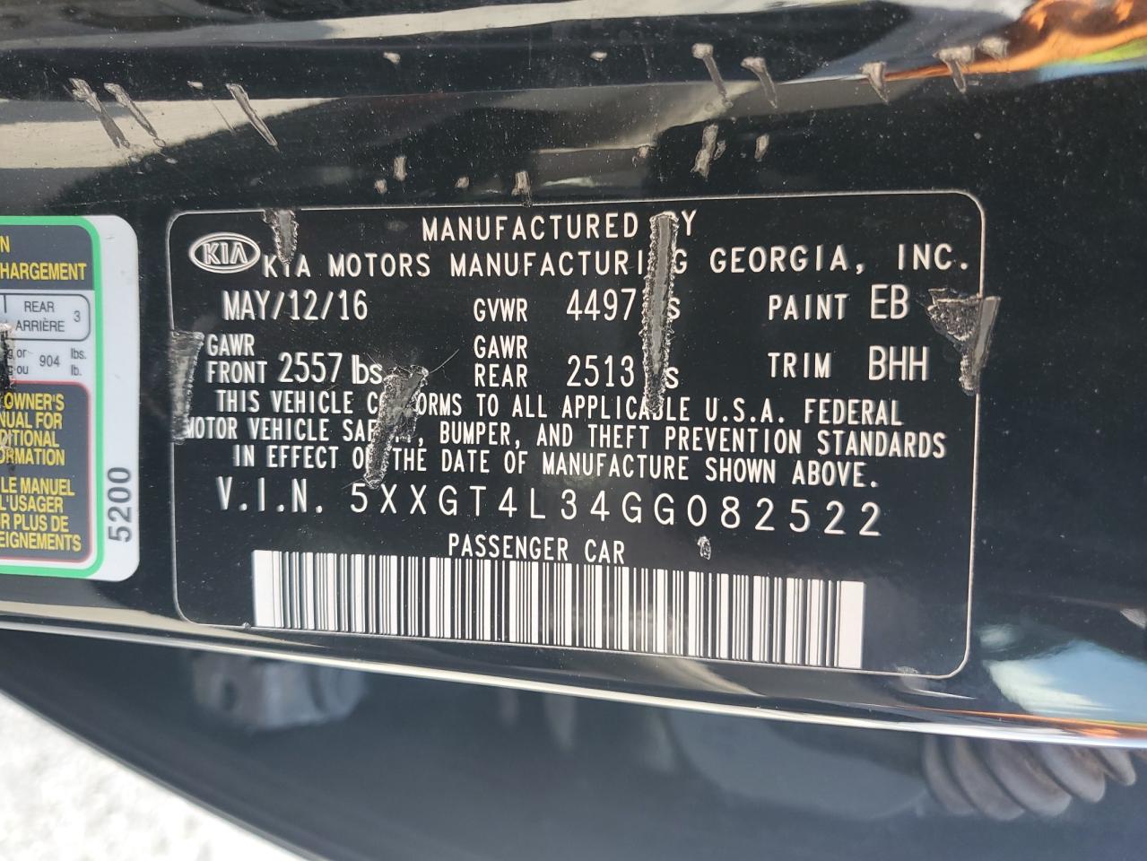 2016 Kia Optima Lx VIN: 5XXGT4L34GG082522 Lot: 80000195