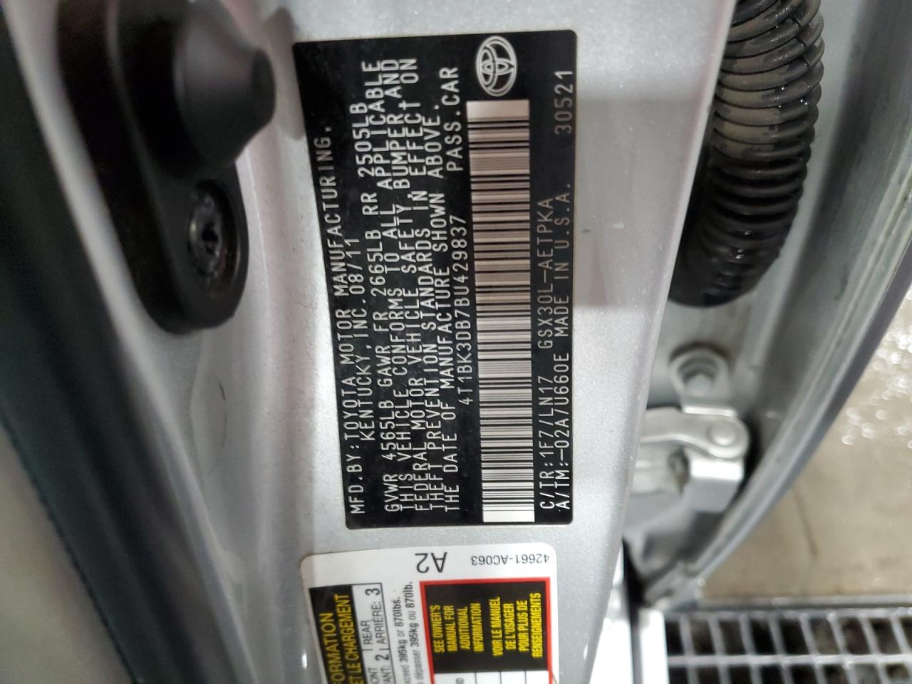 2011 Toyota Avalon Base VIN: 4T1BK3DB7BU429837 Lot: 81224795