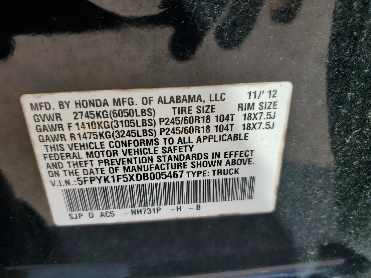 2013 Honda Ridgeline Rtl VIN: 5FPYK1F5XDB005467 Lot: 71620645