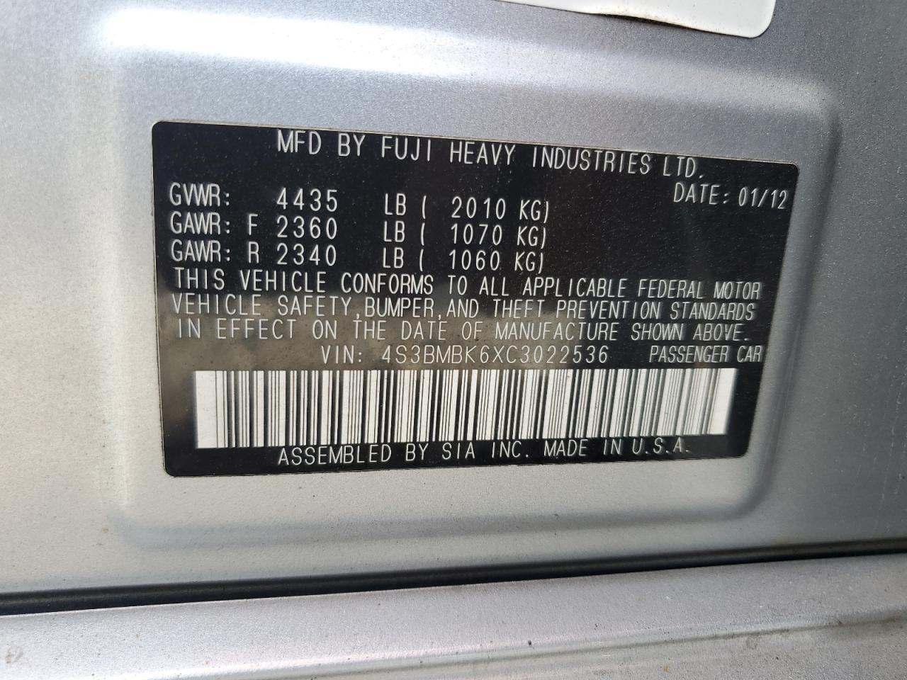 2012 Subaru Legacy 2.5I Limited VIN: 4S3BMBK6XC3022536 Lot: 84004465