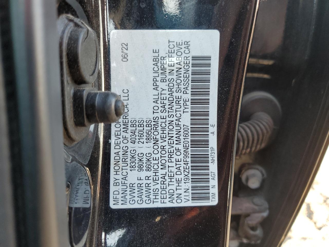 2022 Honda Insight Touring VIN: 19XZE4F99NE016007 Lot: 80659235