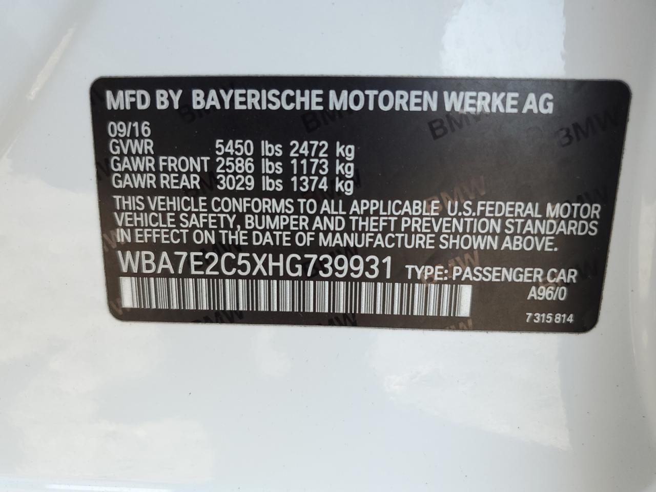 2017 BMW 740 I VIN: WBA7E2C5XHG739931 Lot: 81453395