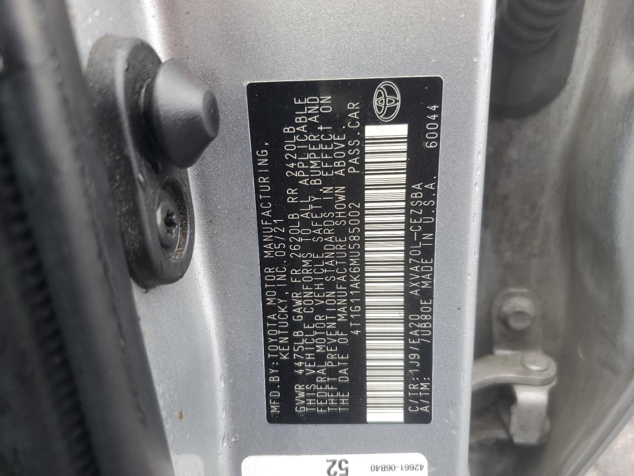 2021 Toyota Camry Se VIN: 4T1G11AK6MU585002 Lot: 69574585