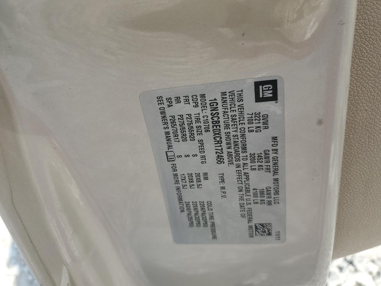 2012 Chevrolet Tahoe C1500 Lt VIN: 1GNSCBE0XCR172466 Lot: 80146605