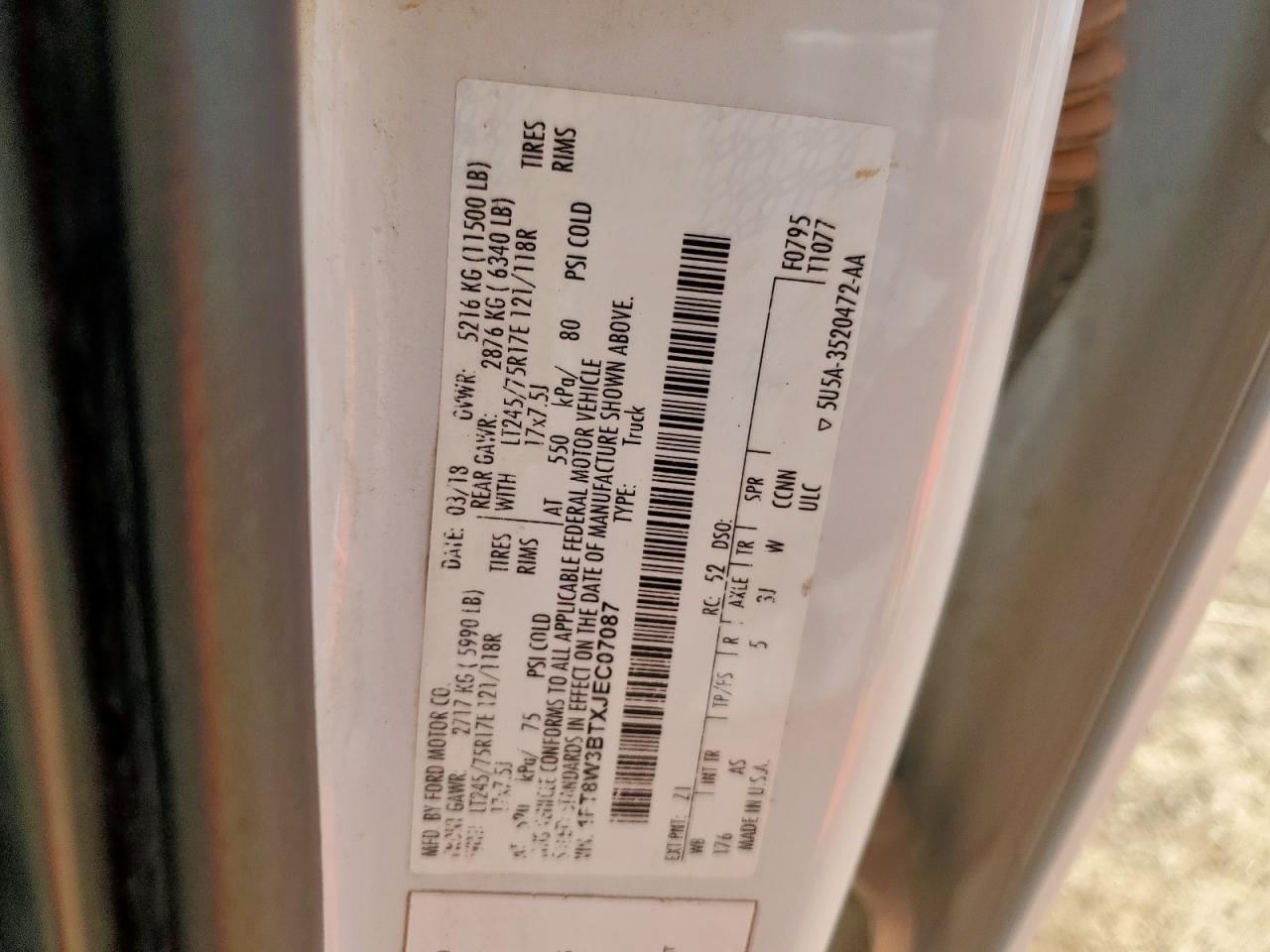 2018 Ford F350 Super Duty VIN: 1FT8W3BTXJEC07087 Lot: 80672655