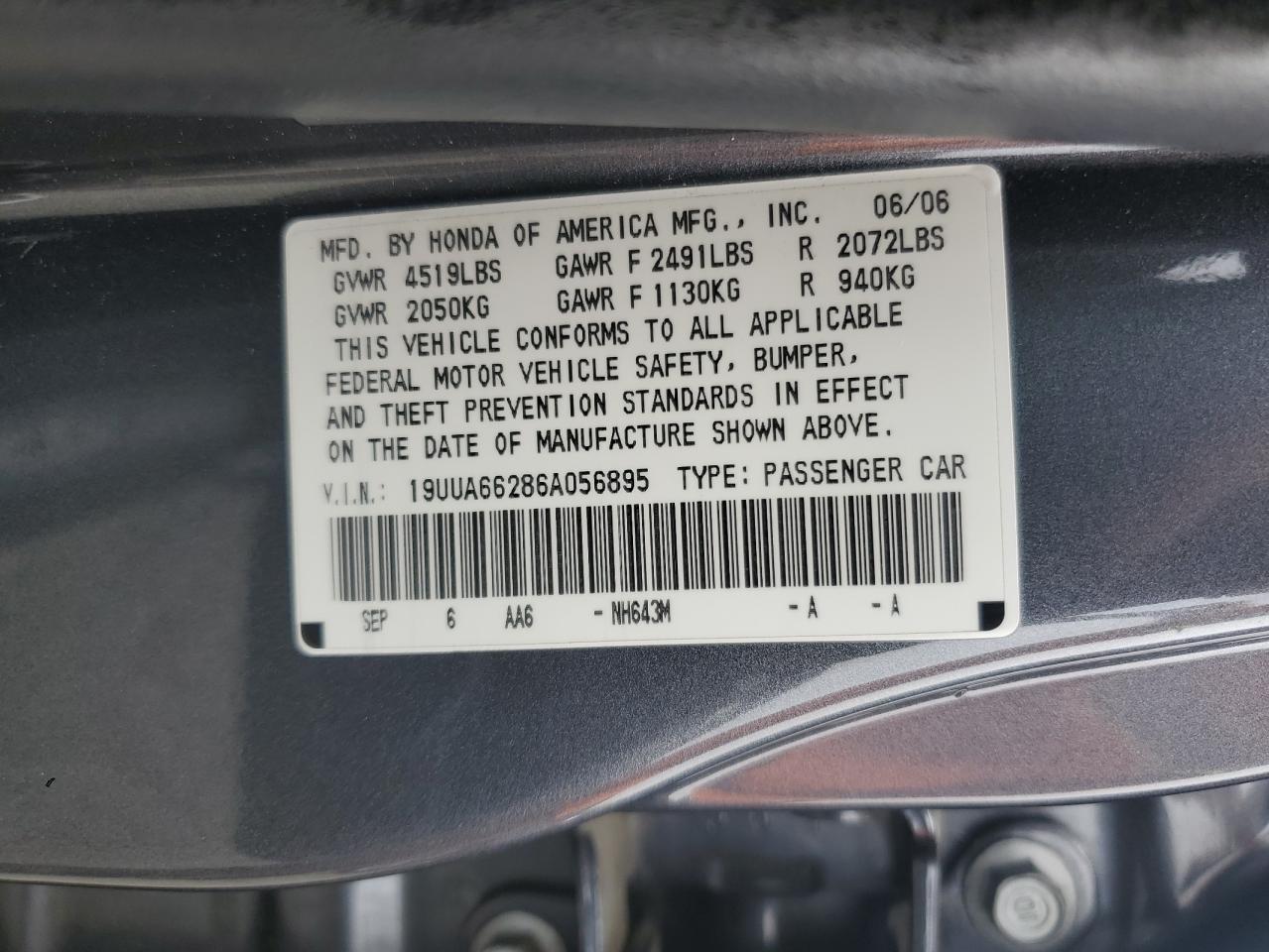 2006 Acura 3.2Tl VIN: 19UUA66286A056895 Lot: 68026505