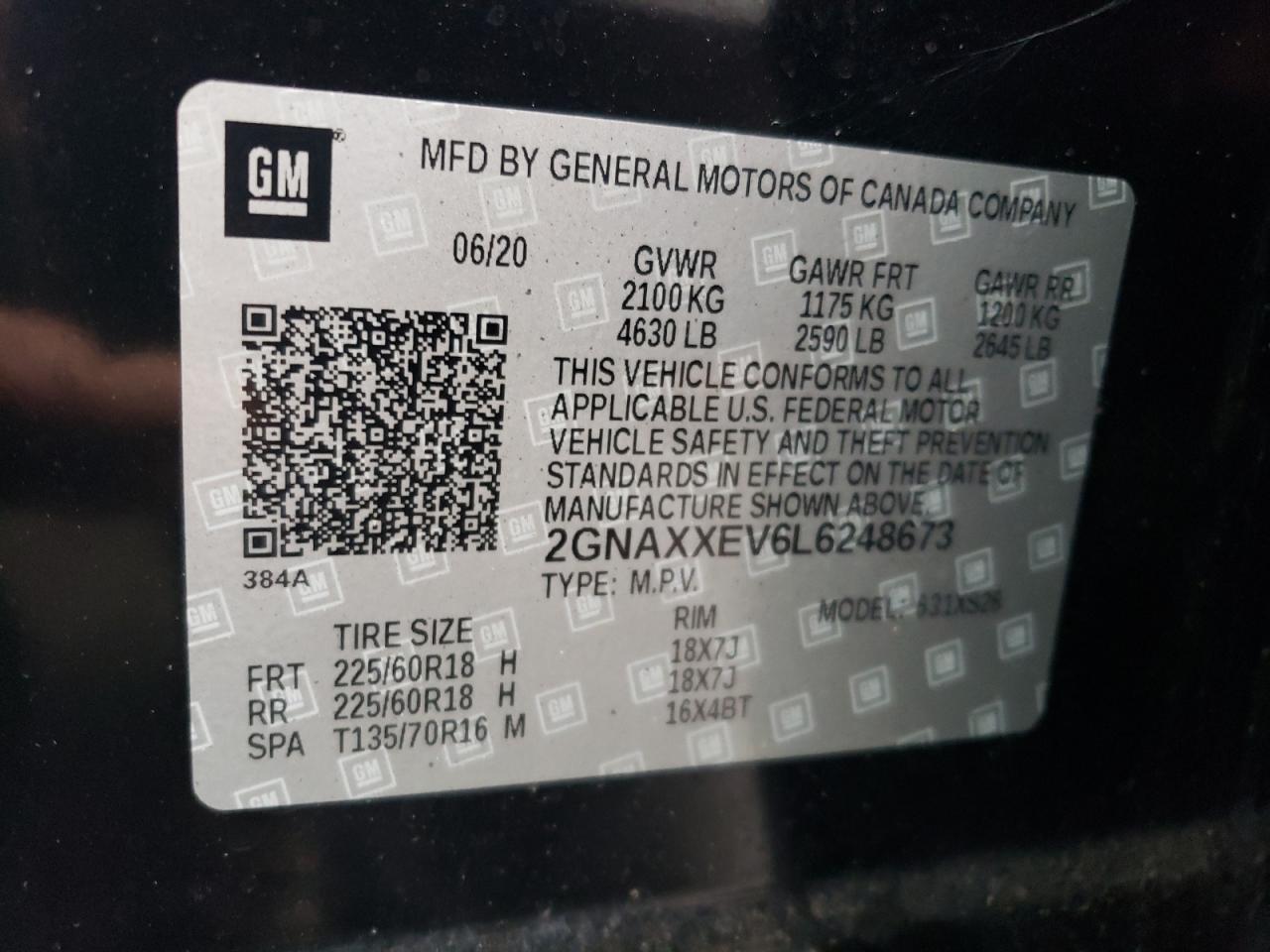 2020 Chevrolet Equinox Premier VIN: 2GNAXXEV6L6248673 Lot: 84288025