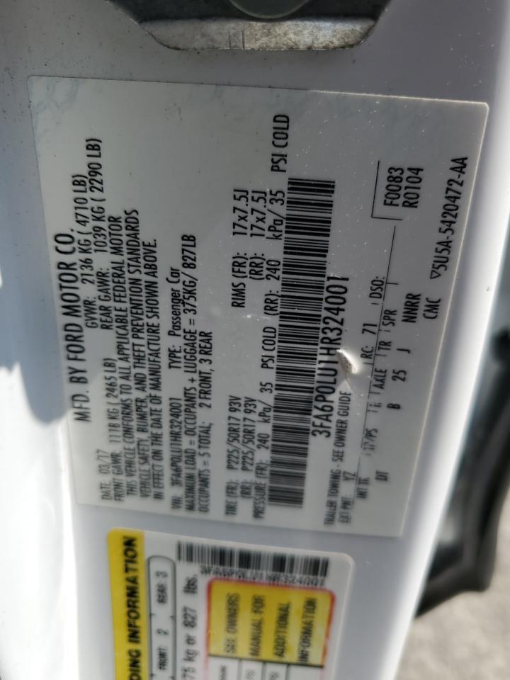 2017 Ford Fusion Se Hybrid VIN: 3FA6P0LU1HR324001 Lot: 84752495