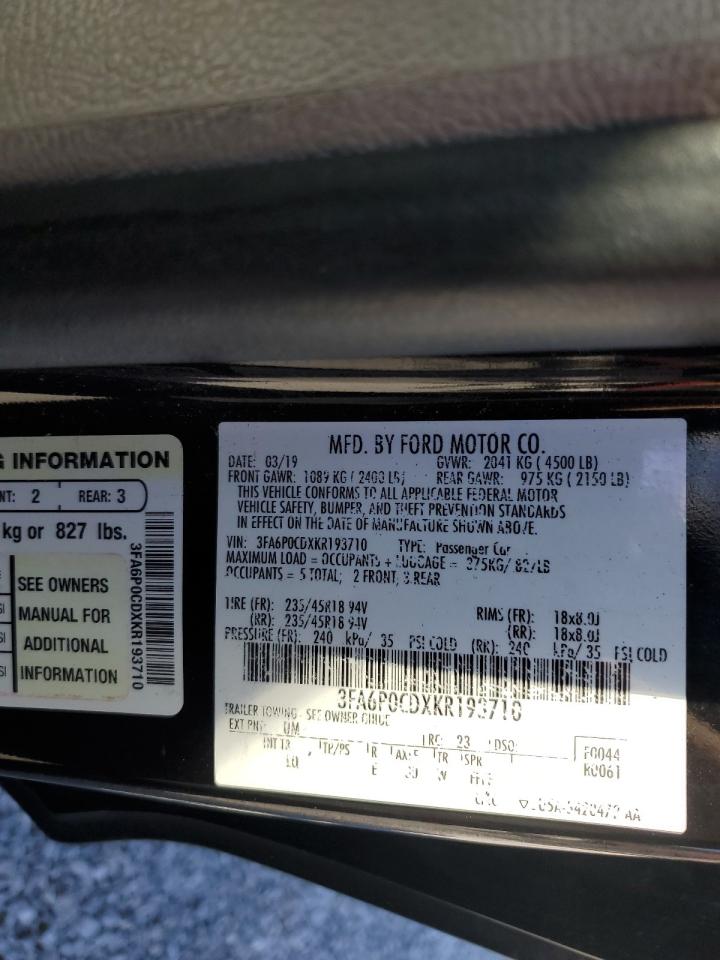 2019 Ford Fusion Sel VIN: 3FA6P0CDXKR193710 Lot: 84219735