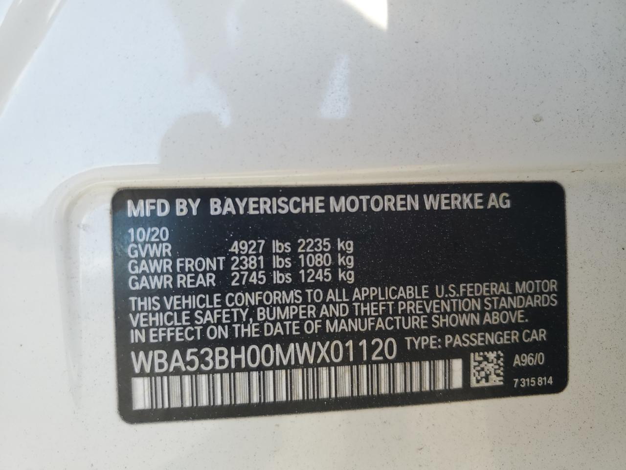 2021 BMW 530 I VIN: WBA53BH00MWX01120 Lot: 81826005