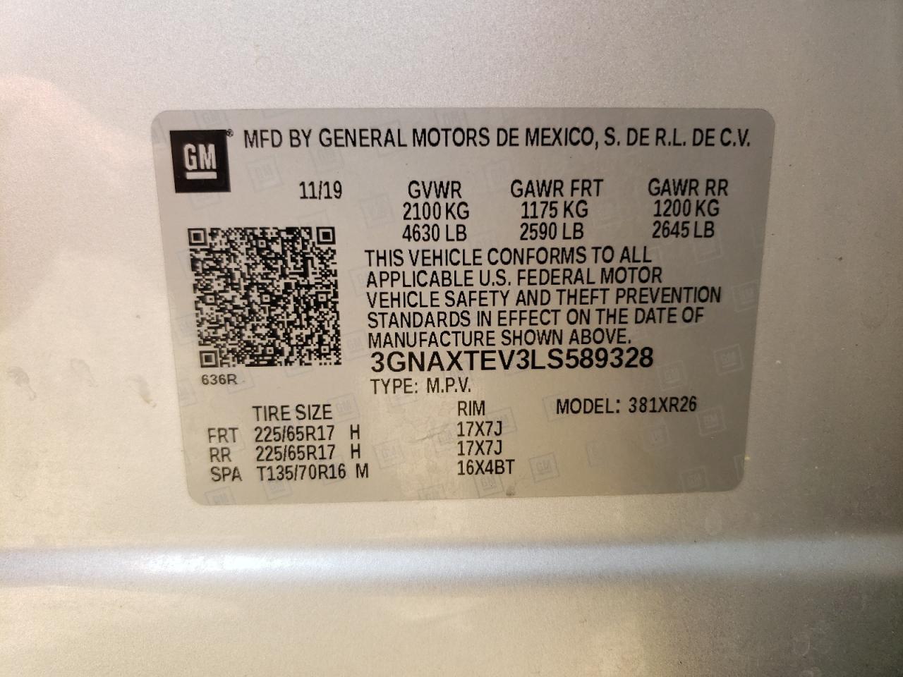 2020 Chevrolet Equinox Lt VIN: 3GNAXTEV3LS589328 Lot: 84015815