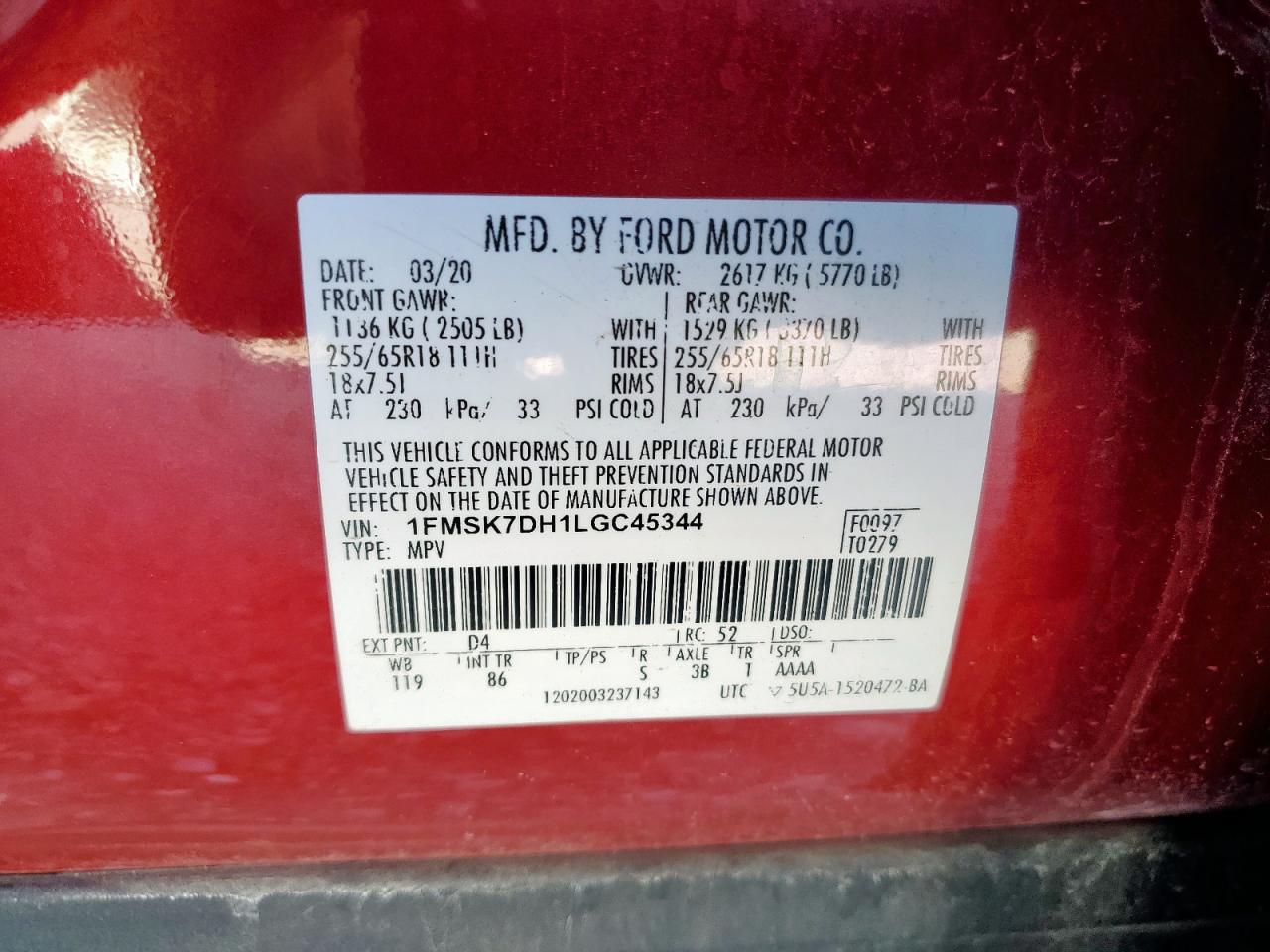 2020 Ford Explorer Xlt VIN: 1FMSK7DH1LGC45344 Lot: 80184465