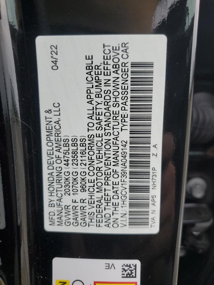 2022 Honda Accord Sport VIN: 1HGCV1F39NA049142 Lot: 82152525
