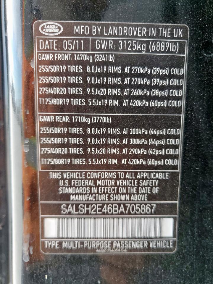 2011 Land Rover Range Rover Sport Sc VIN: SALSH2E46BA705867 Lot: 82161485