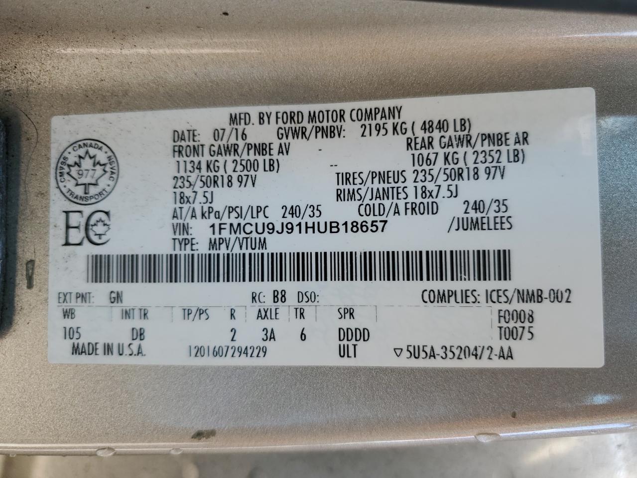 2017 Ford Escape Titanium VIN: 1FMCU9J91HUB18657 Lot: 84576465