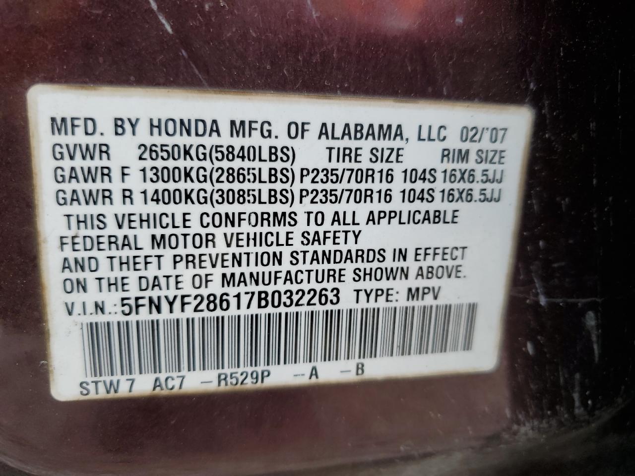 2007 Honda Pilot Exl VIN: 5FNYF28617B032263 Lot: 80145605